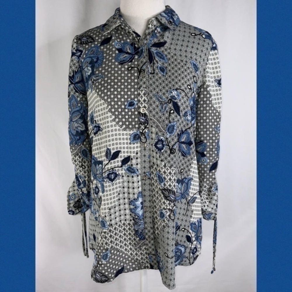 Roz & Ali Blue & White Floral Checker Button Up Casual Career Long Sleeve Top XS